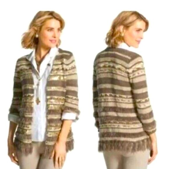Mocha Brown Fringe Open Front Cardigan 3/4 Sleeve Shimmery & Soft Silky Western - Picture 3 of 14